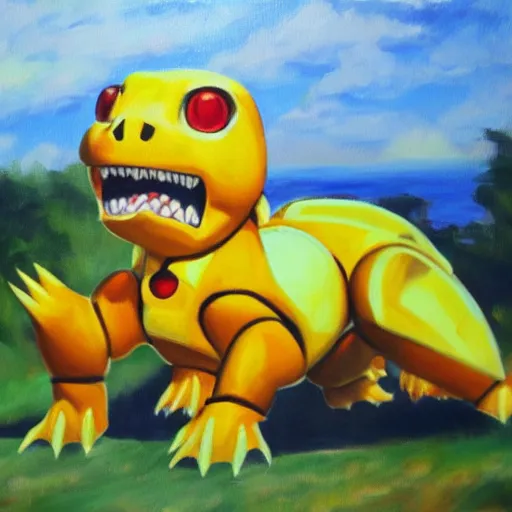 Prompt: agumon from digimon, oil on canvas