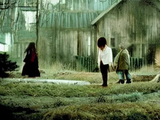 Image similar to full - color still from a 2 0 0 2 live - action tv drama adaptation of haibane renmei. cozy ; peaceful ; bucolic ; quaint.