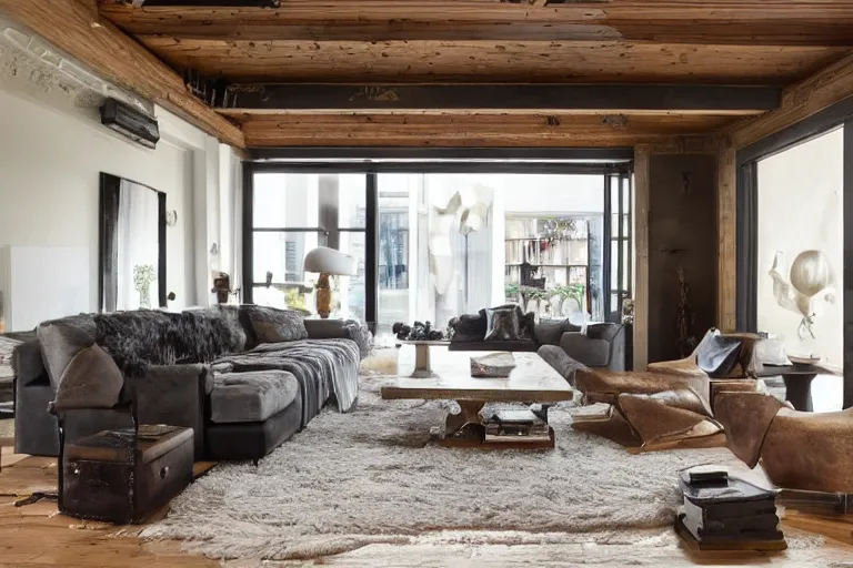Prompt: a tastefully decorated living room with dark luxurious furnishings, and a mix of antique and modern furniture, and a mix of concrete and wood finishes, god rays