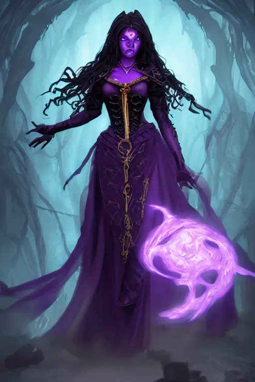 Prompt: Female necromancer, beautiful, entincing, dark purple robes, blue corset, long skirt, dark skin, glowing yellow eyes, violet long hair, high fantasy, heroic character, looking from shoulder, normal fingers, pretty detailed face!, detailed!, spellcasting pose, by greg rutkowski, WLOP, Genzoman and Gary Gygax, trending on Artstation artstationHD, artstationHQ, cgsociety, 8K HD