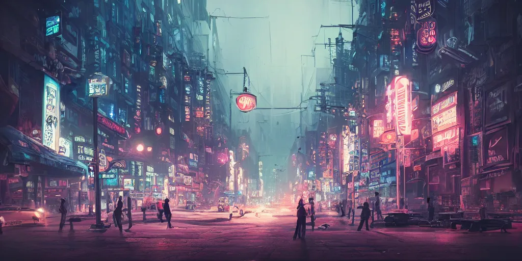 Prompt: fisheye lens shot of tech - noir dystopian city, streets, incandescent lights, neon signs, people walking, peter morbacher, ross tran, greg rutkowski, intricate details, extravagant, trending on artstation, cinematic lighting, digital painting, sharp focus, no blur, octane render, artgerm