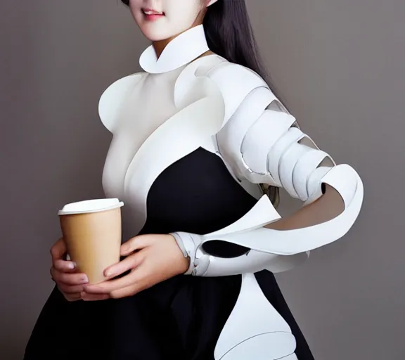 Prompt: stunning young adult korean woman in a coffee shop wearing low poly, glossy white armor, magazine photo, 5 0 mm