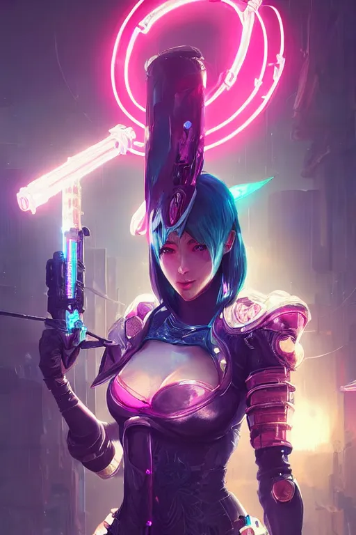 Prompt: fiora from league of legends, cyberpunk futuristic neon. decorated with traditional japanese ornaments by ismail inceoglu dragan bibin hans thoma greg rutkowski alexandros pyromallis nekro rene maritte illustrated, perfect face, fine details, realistic shaded, fine - face, pretty face, masterpiece