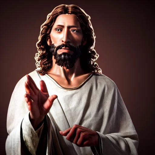 Image similar to uhd real 8 k photo of jesus flipping people off, digital art, portrait, portrait concept art, special effects, finely detailed, studio lighting, correct details, correct face, real jesus