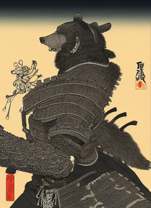 Image similar to a full body ukiyo-e portrait of a fully armored samurai Asian black bear, intricate, elegant, highly detailed, digital painting, artstation, concept art, smooth, sharp focus, illustration