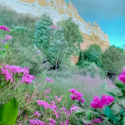 Image similar to a ultra high definition pastel coloured photograph from a holiday photo album. 5 0 mm, depicting public viewpoints from areas of outstanding natural beauty in an alien world with pale pastel coloured flora. no artefacts. highly detailed.