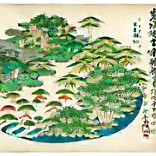 Prompt: 3d isometric botanical illustration of a small city in an island surrounded by water, by maria sibylla merian in Ukiyo-e style, HD