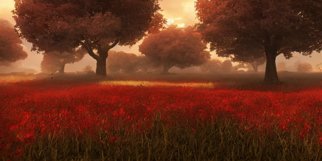 Image similar to a big red tree in the middle of a battlefield near a bunch of red flowers at sunrise, hyperrealistic, concept art, octane render, unreal engine 5, trending on Artstation, high quality, 8K, dramatic lighting, cinematic, high coherence, highly detailed, Midjourney style, epic scene, path traced, low contrast, complementary colors