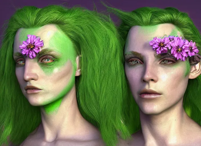 Prompt: Fantasy androgynous humanoid with green skin and flowers in hair by Larry Elmore, symmetrical face concept art, octane render unreal engine meta humans, artstation