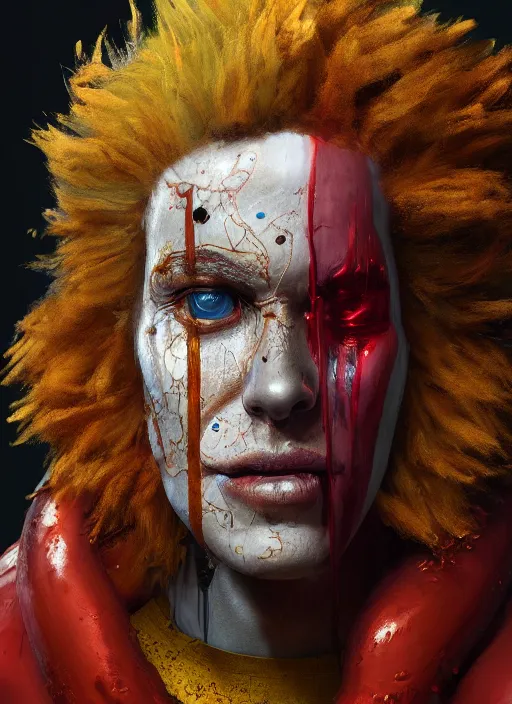 Image similar to biopunk portrait of ronald mcdonald, au naturel, hyper detailed, digital art, trending in artstation, cinematic lighting, studio quality, smooth render, unreal engine 5 rendered, octane rendered, art style by klimt and nixeu and ian sprigger and wlop and krenz cushart.