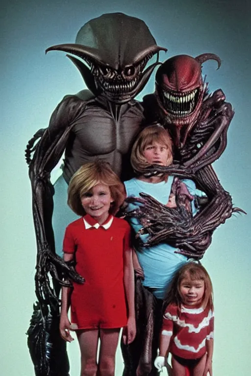 Image similar to alien monster mutant family photo, 1 9 8 0 s, olan mills studio, xenomorph, creepy, scary, nightmare, color