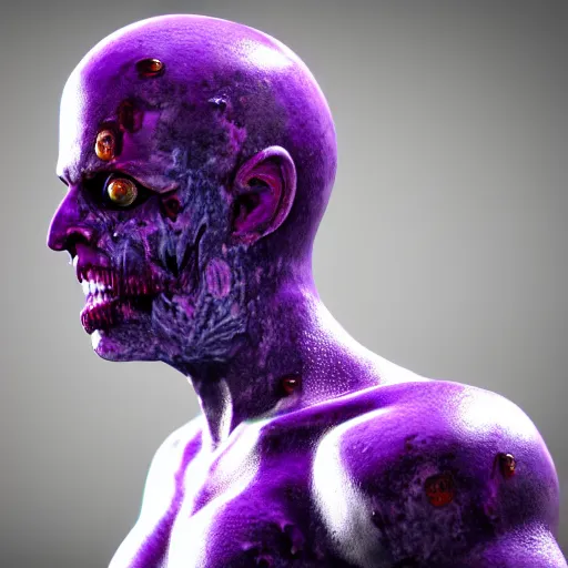 Image similar to zombified purple human with jewels in his skin. portrait by blinx. 4 k octane render.