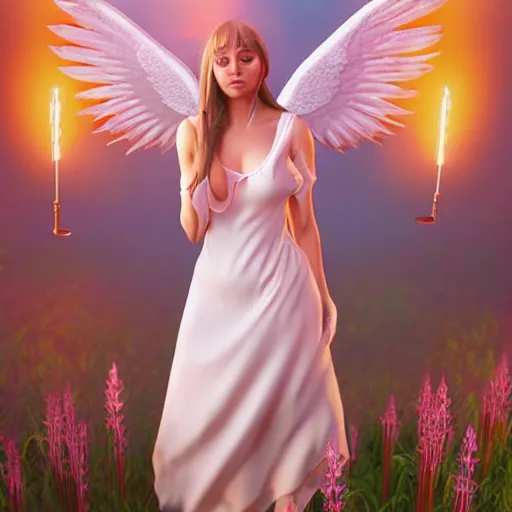 Image similar to an angel with pink wings and white dress holding a wand, cenimatic lighting, hyper realistic, path tracing, fantasy art