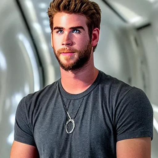 Image similar to “a realistic detailed photo of a guy who is an attractive humanoid who is half robot and half humanoid, who is a male android, actor Liam Hemsworth, shiny skin, posing like a statue, blank stare, at the museum, on display”