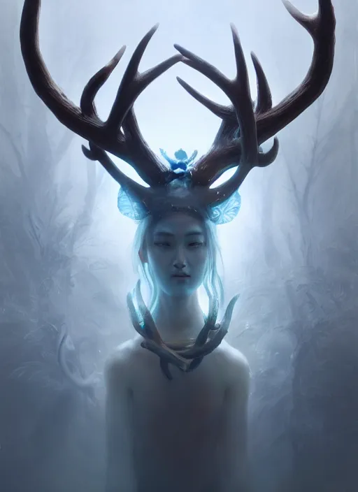 Prompt: Gigantic Deity with antlers and a white face, translucent amulets, extremly detailed oil painting, subsurface scattering, in the style of Fenghua Zhong and Ruan Jia and Jeremy Lipking, rim light, beautiful lighting, mystic, 8k, stunning scene, raytracing, octane, trending on artstation