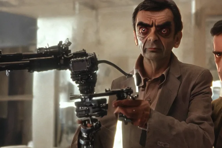 Prompt: VFX movie where Mr. Bean plays the Terminator by James Cameron