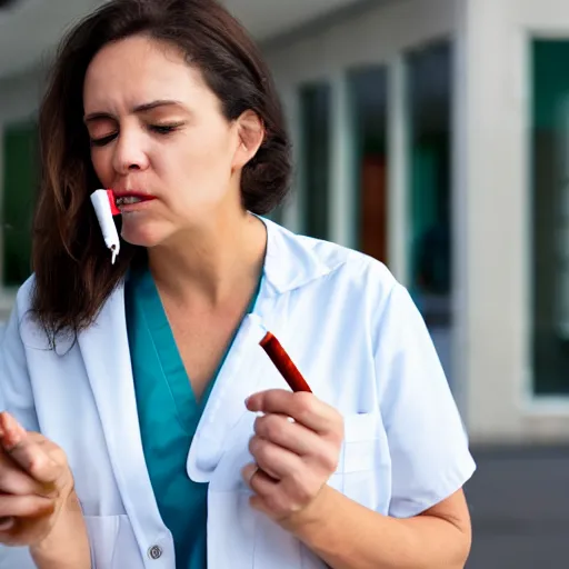 Image similar to a nurse smoking a cigarette outside a hospital during their break