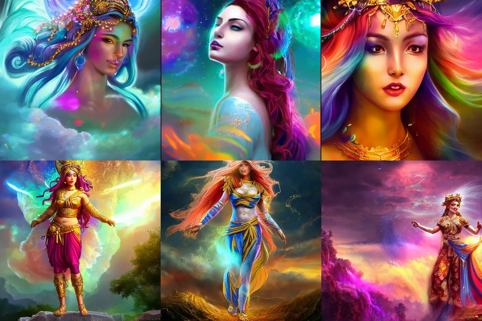 Prompt: a beautiful female goddess of colours character, character is in all its glory, character is centered on the image, character is in heroic natural pose, rim lights, magic in the air, fancy clouds, highly detailed professional photo, dynamic lights, particles are flying, depth of field, trending on artstation, illustration, hyper realistic, vray caustics, super detailed, colorful accents, cinematic shot