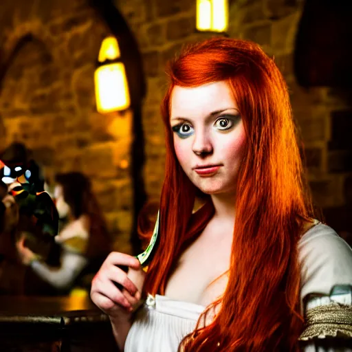 Image similar to beautiful bar maid with auburn hair and green eyes, in a medieval tavern at night, dramatic, cinematic, filmic, 7 5 mm, f / 1. 8