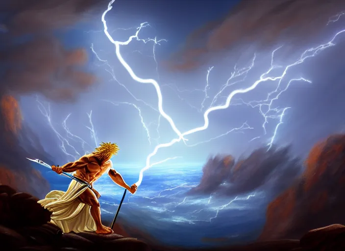 Image similar to soft painting of zeus fighting chronos with a spear of lightning at the top of mount olympus. fantasy style. highly detailed 8 k. intricate. lifelike. soft light. nikon d 8 5 0 5 5 mm. dof. cinematic post - processing.