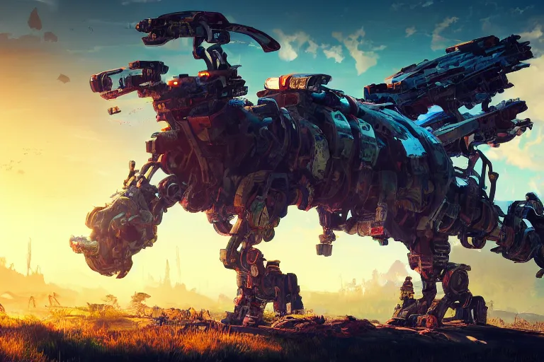 Image similar to scrapper machine mecanical creature robot of horizon forbidden west horizon zero dawn radiating a glowing aura global illumination ray tracing hdr fanart arstation by ian pesty and alena aenami artworks in 4 k