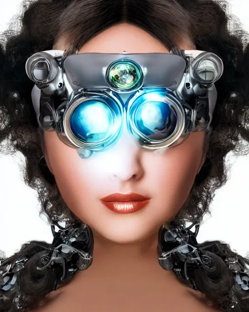 Image similar to centered portrait of soulful young elizabeth taylor as a solarpunk mecha humanoid robotic parts wearing crystal goggles with bright led lights, real human face, pudica gesture bouguereau style, in white room, ultra - realistic and intricate, soft portrait shot 8 k