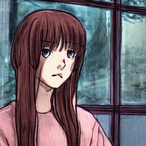 Prompt: girl sitting nearby a windowing, rainy outside, detailed, very anime, very fine face, strong lighting, by great artists.