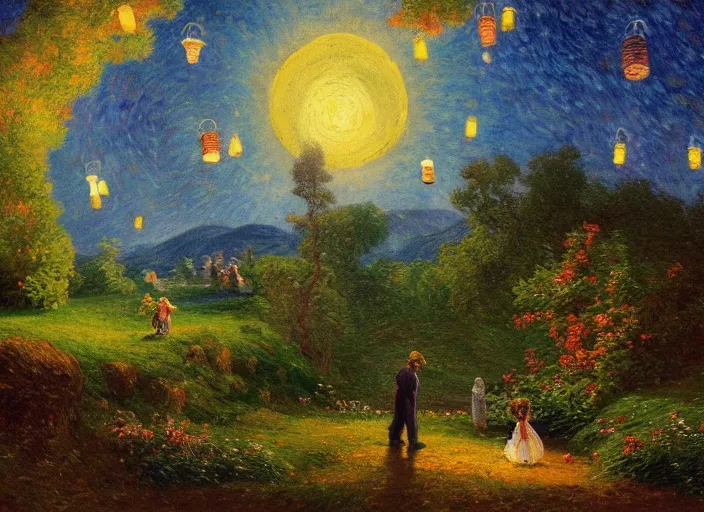 Image similar to romanticism impressionism landscape painting of winnie the pooh characters at night, night time, paper lanterns, string lights, in the style of hudson river school and thomas cole and albert bierstadt and vincent van gogh