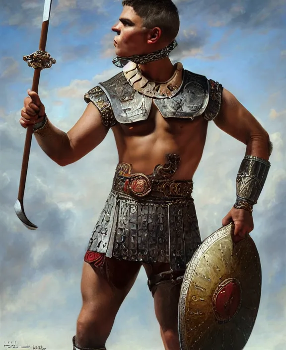 Prompt: portrait of a handsome young latin gladiator, art by denys tsiperko and bogdan rezunenko and franz xaver kosler, hyperrealism, fantasy art