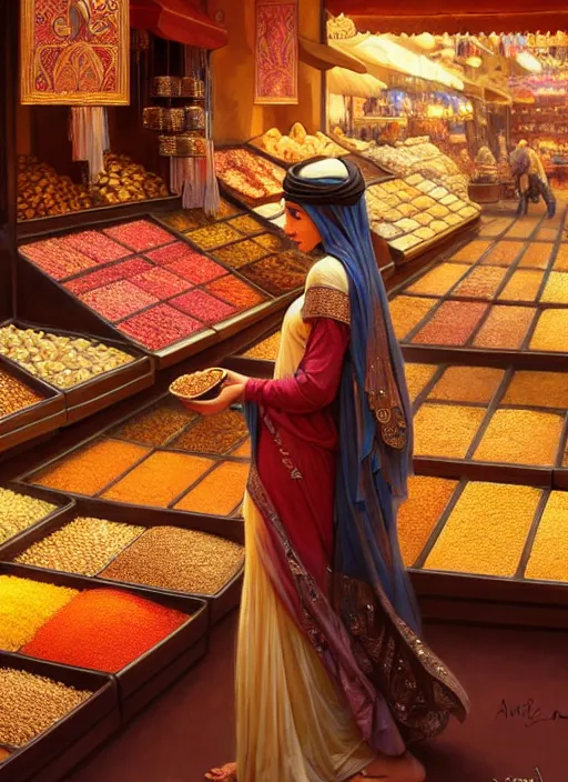 Image similar to a young arabian lady shopping at a desert spice market at night, shiny, fantasy, intricate, elegant, hyper detailed, ultra definition, photoreal, artstation, unreal engine rendered, concept art, smooth, sharp focus, illustration, art by artgerm and greg rutkowski and alphonse mucha and garis edelweiss