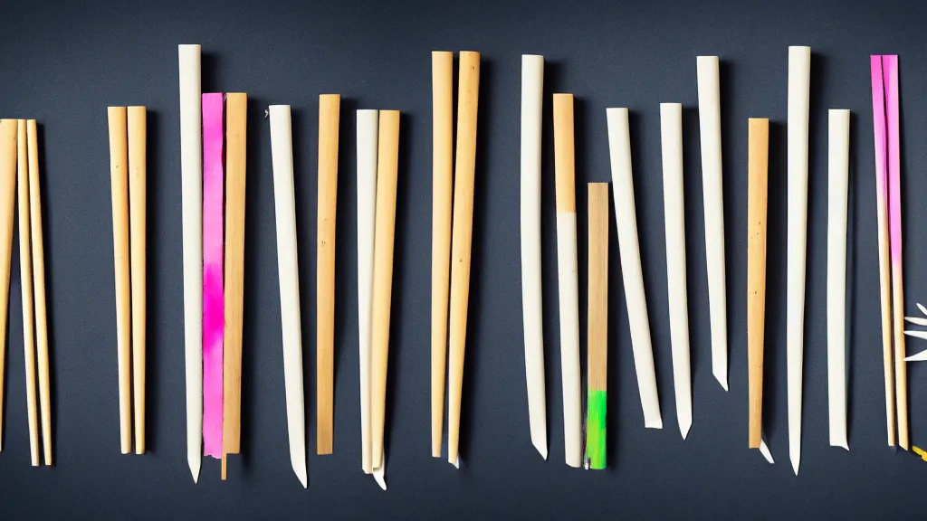 Image similar to a variety of handmade wooden chopsticks, avantgarde design, a collage painting, in the style of wes anderson, lola dupre, david hockney, isolated on negative white space background dark monochrome neon spraypaint accents volumetric octane render