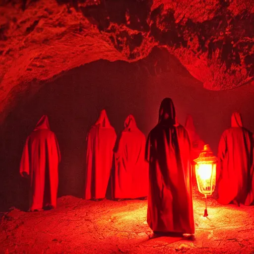 Image similar to A group of red hooded cultist in a cave, being back lit by a lantern. Dark, ambient, eldritch, 8k, hyper realistic.