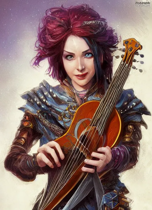 Image similar to female bard playing guitar, ultra detailed fantasy, dndbeyond, bright, colourful, realistic, dnd character portrait, full body, pathfinder, pinterest, art by ralph horsley, dnd, rpg, lotr game design fanart by concept art, behance hd, artstation, deviantart, hdr render in unreal engine 5