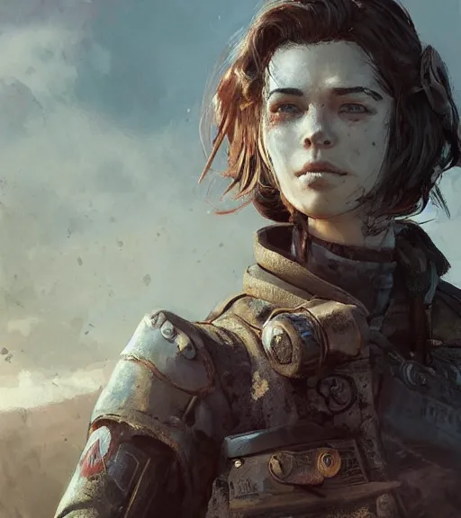 Prompt: fallout 5, charismatic beautiful armoured rugged brunette female protagonist, portrait, outdoors alaskan wilderness, atmospheric lighting, painted, intricate, volumetric lighting, beautiful, daytime, sunny weather, few clouds, sharp focus, deep colours, ultra detailed, art by krenz cushart and wenjun lin