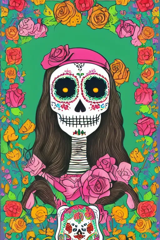 Image similar to illustration of a sugar skull day of the dead girl, art by richard scarry