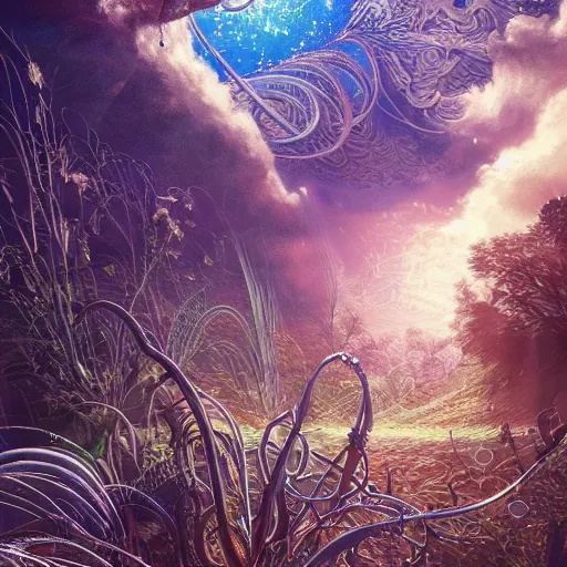 Image similar to Quantum entanglement, intricate, elegant, fantasy, sci-fi, highly detailed, digital painting, concept art, sharp focus, illustration, beautiful volumetric lighting, epic light, artstation, magic hour lighting, colorful, sunshine, springtime, art by Sylvain Sarrailh and Ernst Haeckel