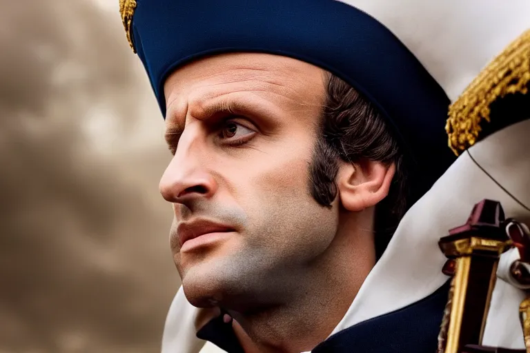 Image similar to closeup portrait of emmanuel macron dressed as napoleon carrying a large cannon, natural light, sharp, detailed face, magazine, press, photo, steve mccurry, david lazar, canon, nikon, focus