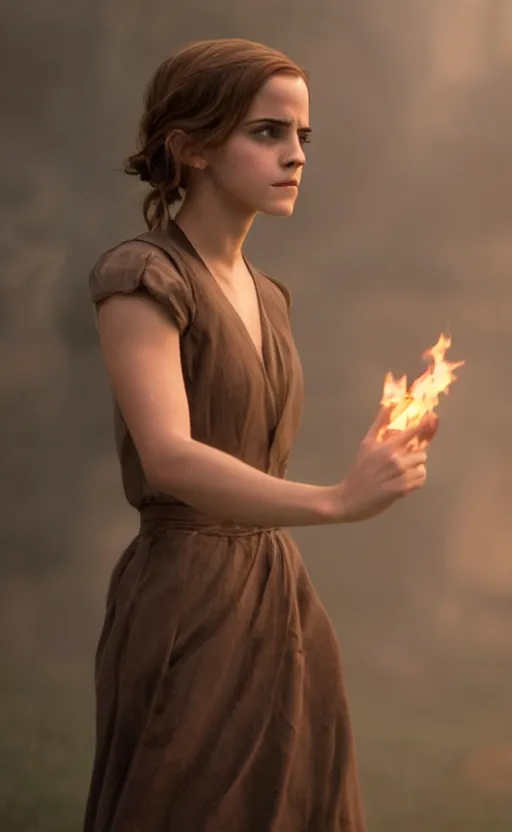 Image similar to Emma Watson casting a fire spell. Character designt trending on gsociety. 4k. Moody light.