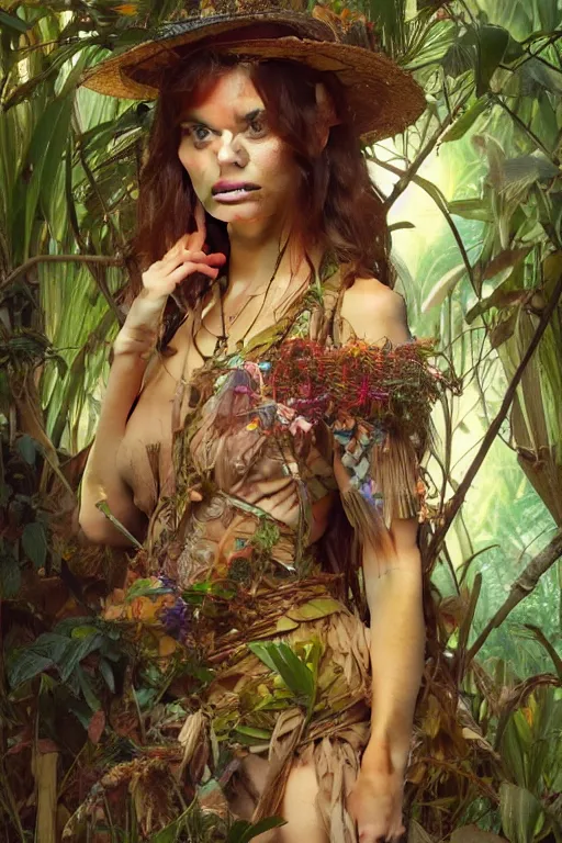 Image similar to ultra realistic illustration, bohemian girl in jungle, staring directly into camera, intricate, elegant, highly detailed, digital painting, artstation, concept art, smooth, sharp focus, illustration, art by artgerm and greg rutkowski and alphonse mucha