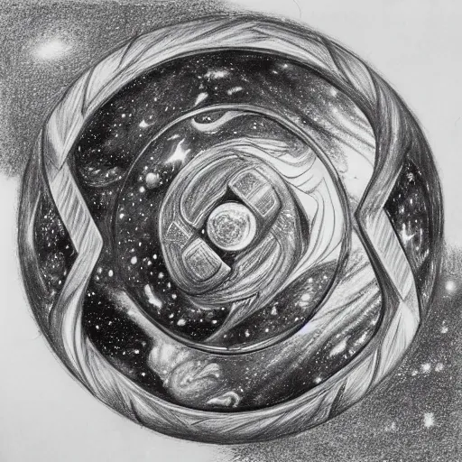 Image similar to armored battle tank with dao yin - yang symbol, detailed pencil drawing, background deep space with galaxies