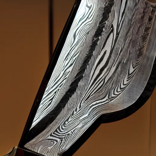 Prompt: A Damascus steel knife is sitting in a display case in a museum.