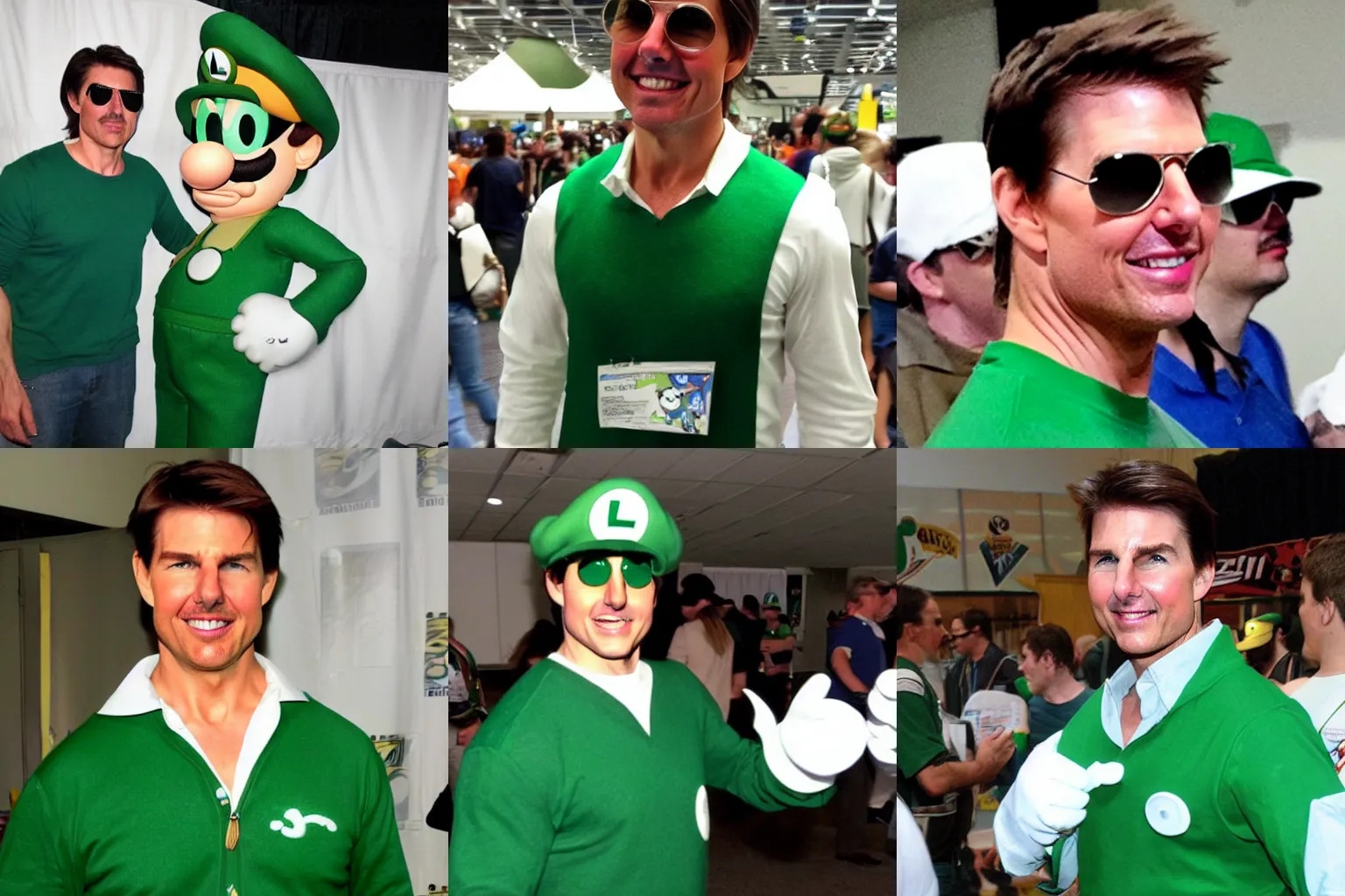 Prompt: Tom Cruise cosplays as Luigi at a comic convention, candid photograph