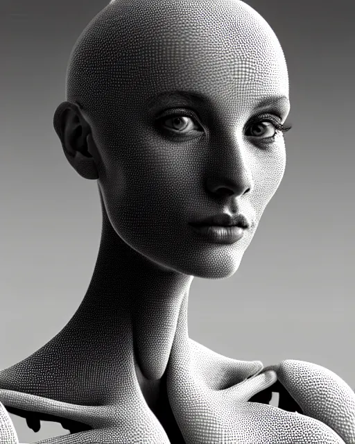 Image similar to a black and white 3D render of a beautiful portrait of a young female angelic-dragon-cyborg face with a very long neck, 150 mm, orchids, Mandelbrot fractal, anatomical, flesh, facial muscles, veins, arteries, full frame, microscopic, elegant, highly detailed, flesh ornate, elegant, high fashion, rim light, ray trace, octane render in the style of H.R. Giger and Man Ray, Realistic, Refined, Digital Art, Highly Detailed, Cinematic Lighting, rim light, black and white, photo-realistic Unreal Engine, 8K