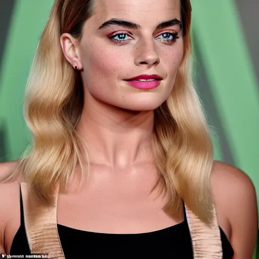 Image similar to a woman who is a genetic combination of margot robbie and emma watson face and upper - body focus