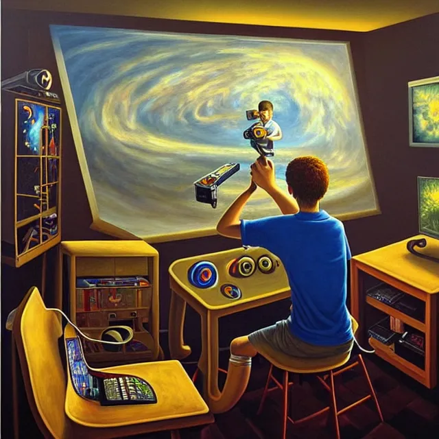 Image similar to an oil on canvas portrait of a teenager in his room playing videogames and watch television, surrealism, surrealist, cosmic horror, rob gonsalves, high detail