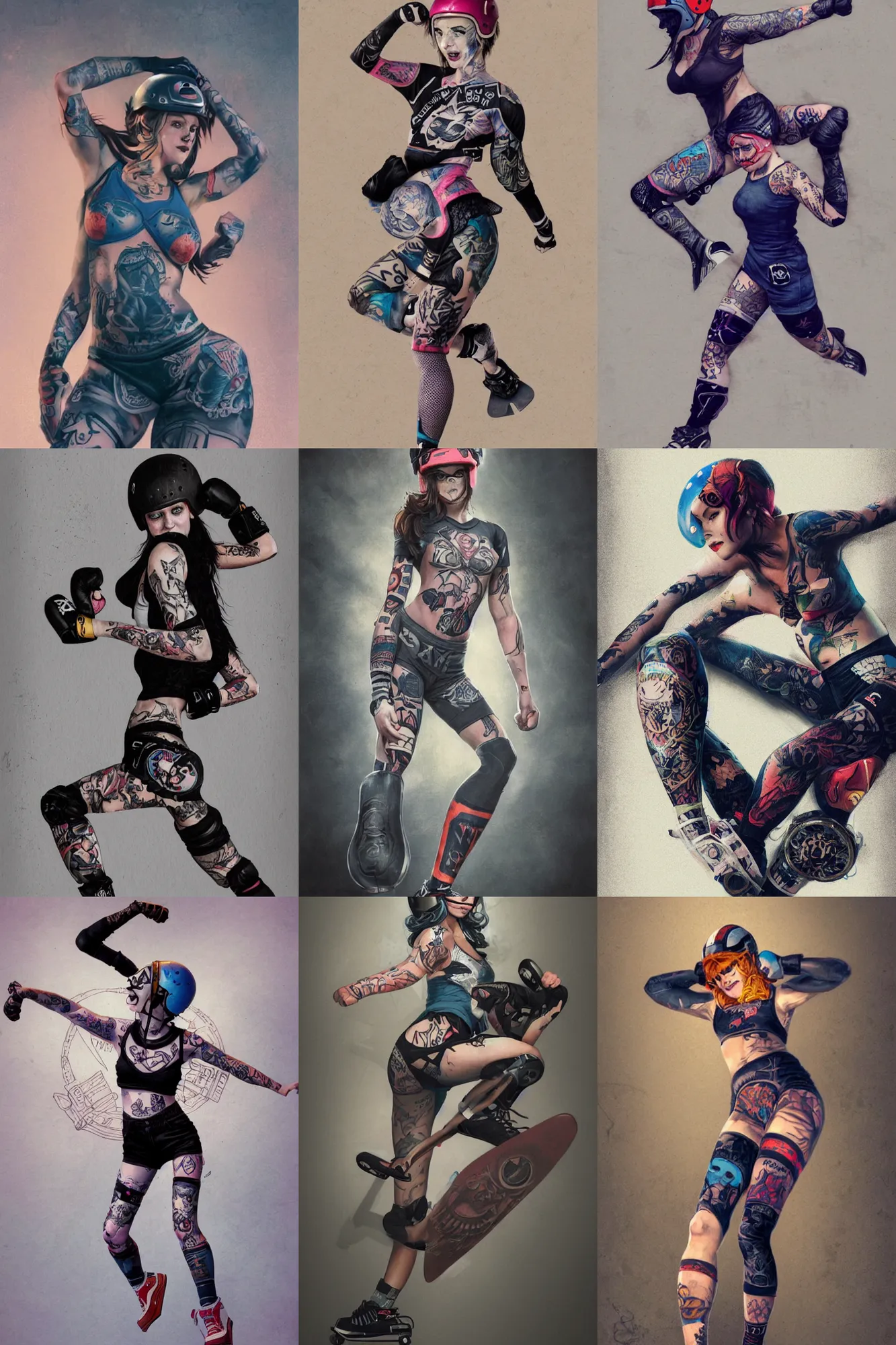 Prompt: tattooed girl , logo design, roller derby girl sprinting Cross-Over, wearing skate helmet, knee pads, elbow pads,full length portrait, fishnet tights, torn, ripped, fists in the air, illustration by greg rutkowski, bright blue back lighting