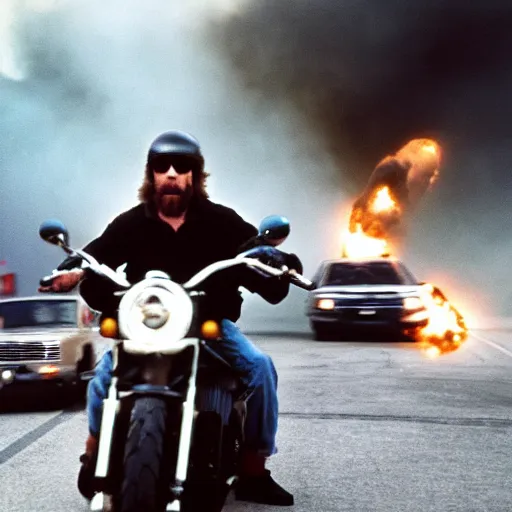 Prompt: a candid shot of Chuck Norris riding a giant motorcycle towards the camera, explosions in the background, 30 mm