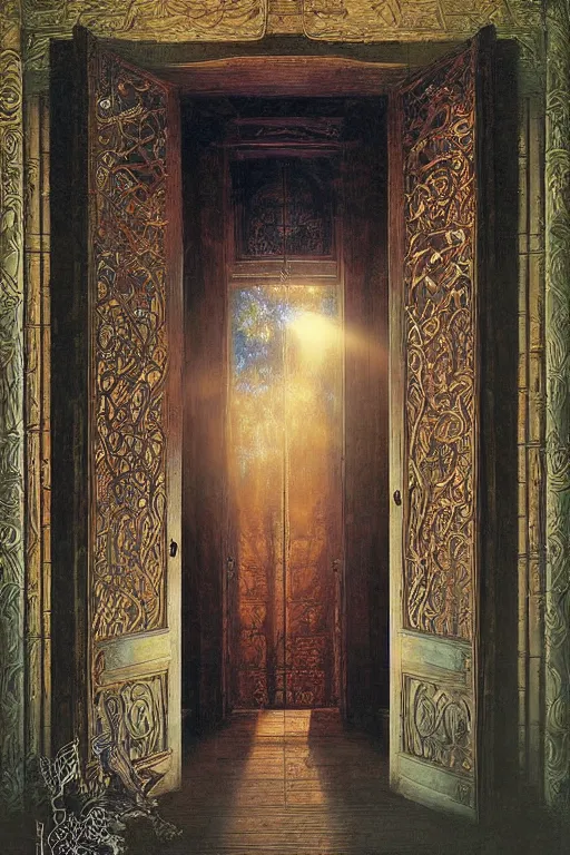 Image similar to large rustic intricately decorated wooden double door, metal handles, a view to a fantasy world, ethereal back light, mist, coherent composition, fantasy painting by noriyoshi ohrai, yuumei