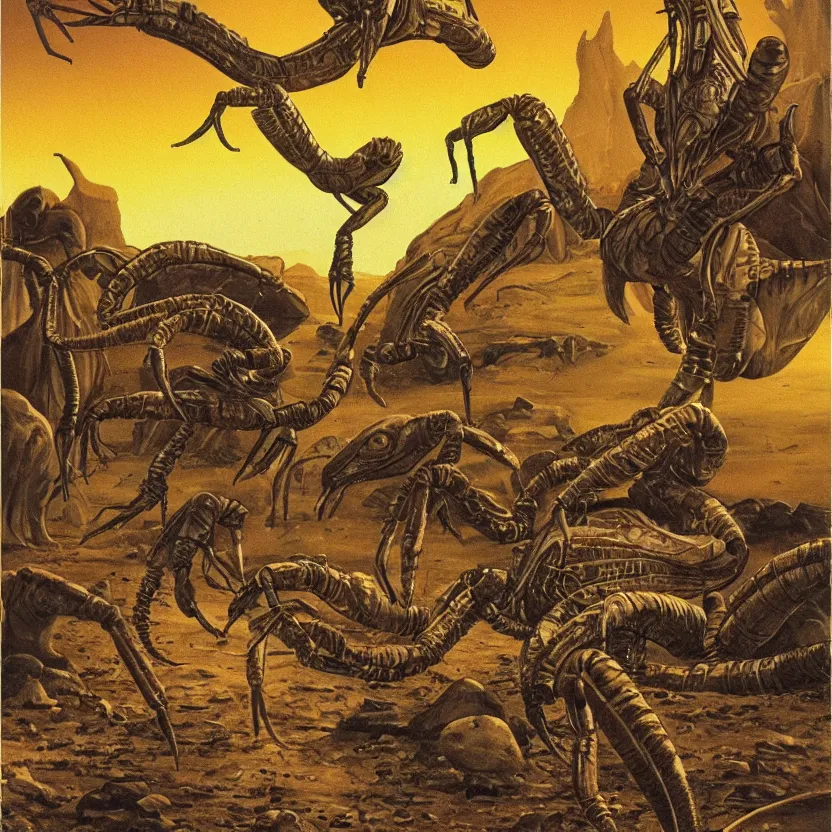 Image similar to alien scorpion, pelican, and camel in a desert at night. strange anatomy. pulp sci - fi art.