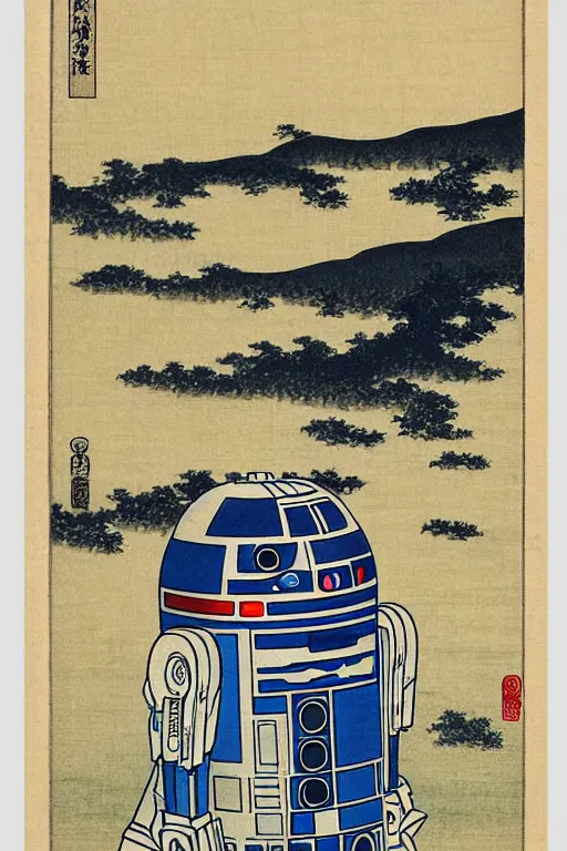 Image similar to Japanese woodblock print of r2d2, hokusai